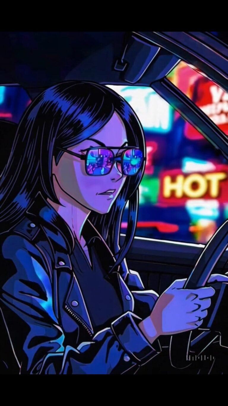 An anime-inspired woman cruises under city lights with only music and the weight