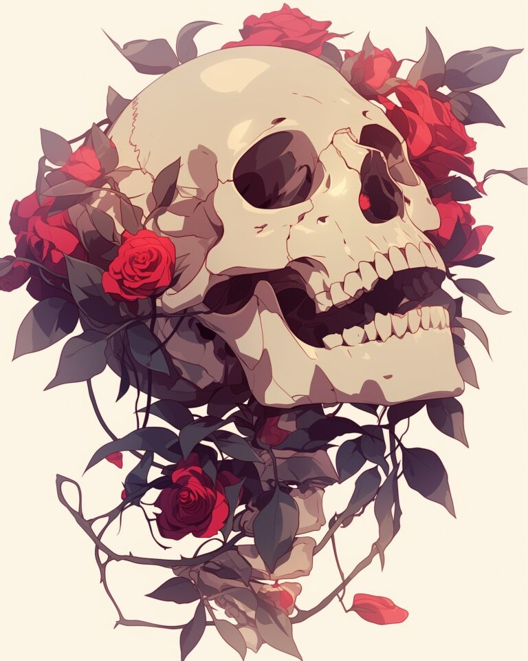 Life and death intertwined in a dance of beauty and decay.  The skull wrapped in