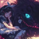 A vibrant digital background featuring a whimsical Alice in Wonderland theme, wi