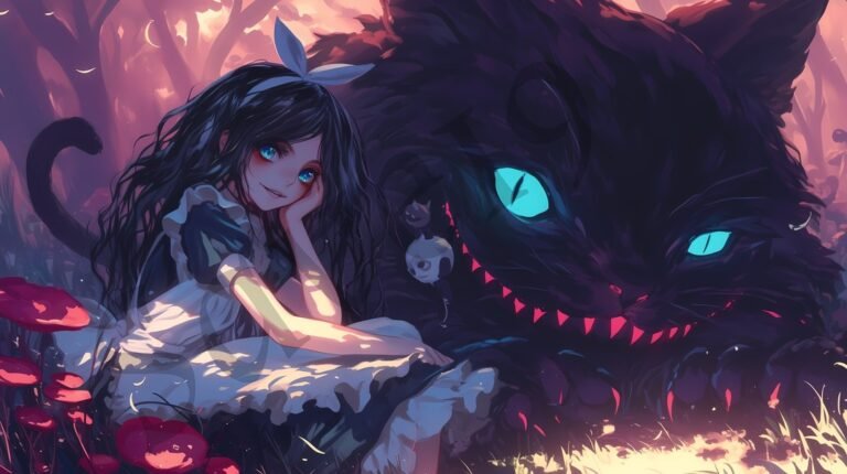 A vibrant digital background featuring a whimsical Alice in Wonderland theme, wi