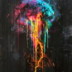 Explosive colors that defy the dark! This vibrant abstract piece is a burst of n