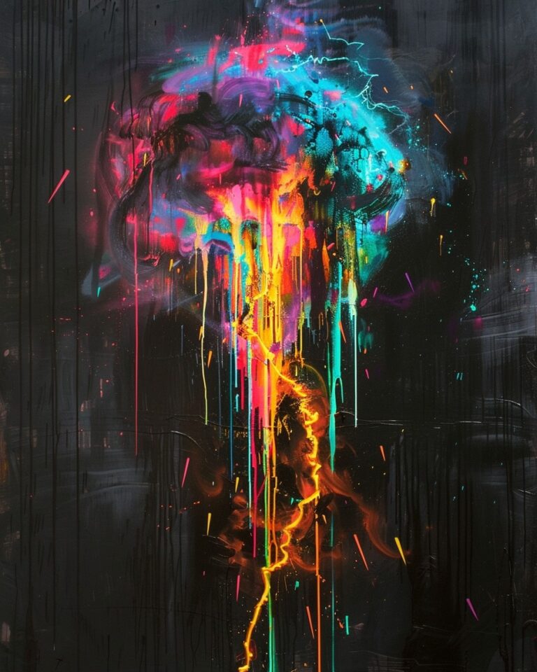 Explosive colors that defy the dark! This vibrant abstract piece is a burst of n