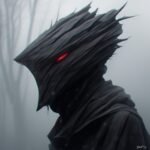 Whispers in the mist, a solitary figure shrouded in enigma. The red eye pierces