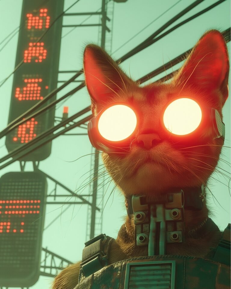 In the glow of a neon dystopia, a feline sentinel beams, eyes alight with the da