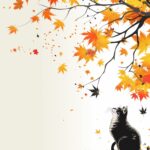 As autumn leaves dance to the ground, a solitary cat gazes upward, mesmerized by