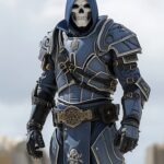 Enshrouded in the steel blue of valor, a spectral warrior stands against the san