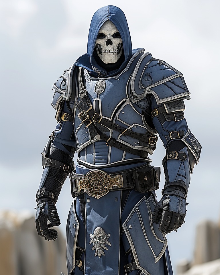 Enshrouded in the steel blue of valor, a spectral warrior stands against the san