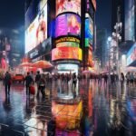 Neon lights and rain-kissed streets, the heartbeat of the city at night is a sym