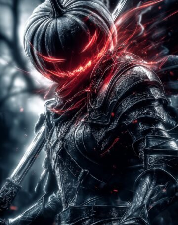 The Pumpkin Knight rises when the veil is thinnest, his blade glowing with curse
