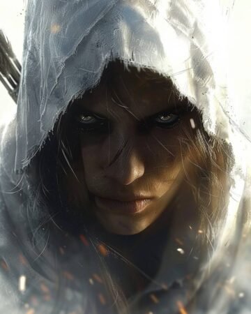 In the shadows lies a warrior with a gaze that pierces through the mist.  This c