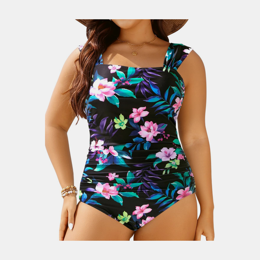 Aqua Eve Traje de baño de una pieza para mujer, talla grande, con control de abdomen, traje de baño vintage, Negro Púrpura Floral