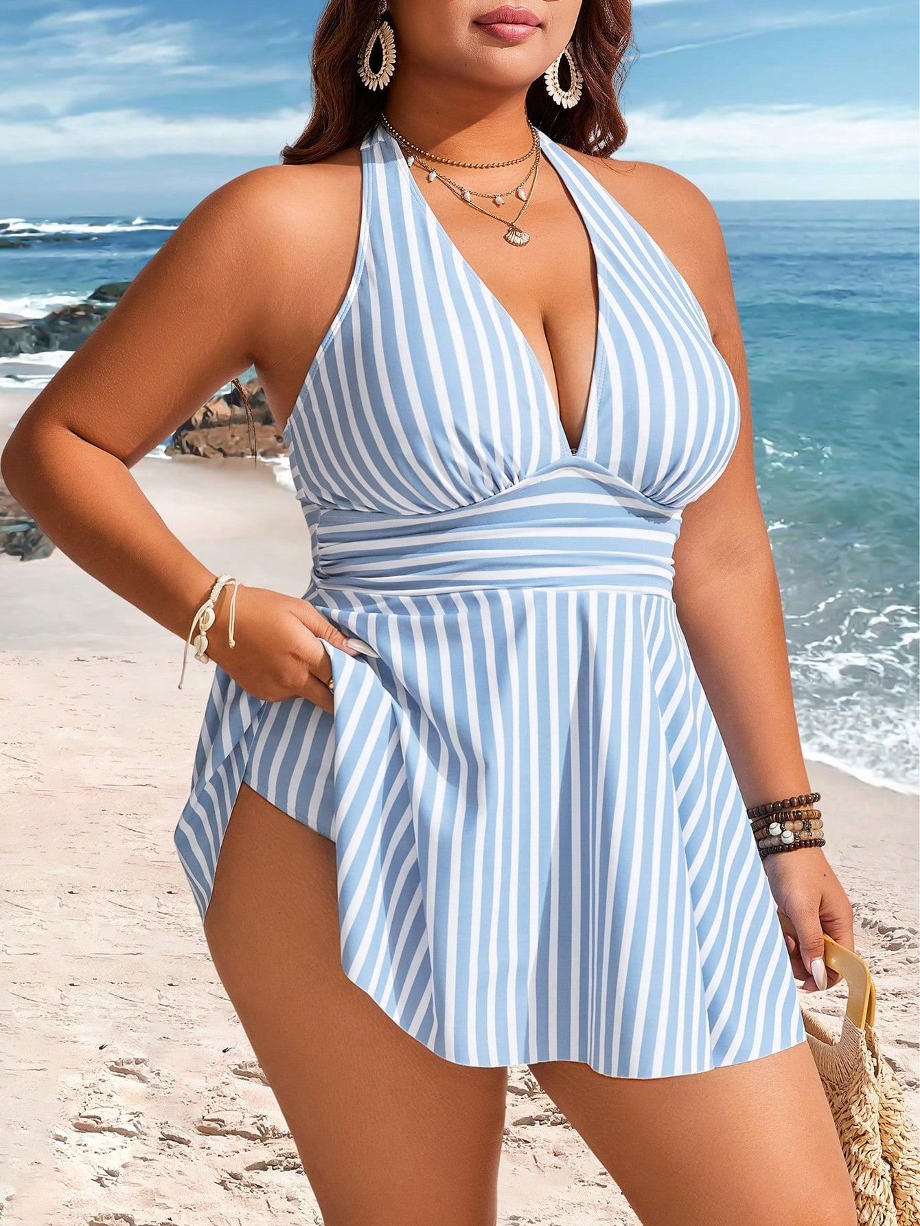 Plus Size Women 2pcs Striped Print Ruched Waist Halter Neck Bikini Set, Mature & Minimalist Design, Casual Holiday Swimwear For Summer Beach Vacation